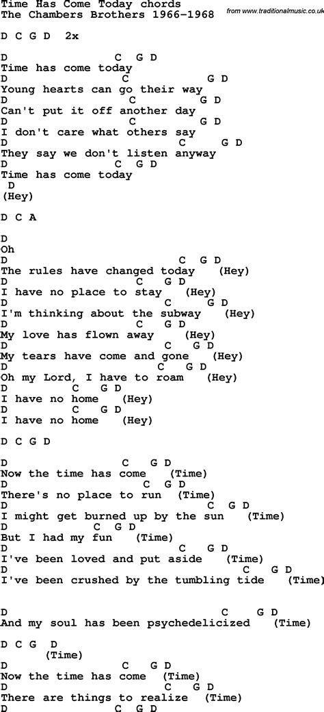 Song lyrics with guitar chords for Time Has Come Today