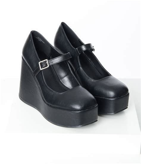 Black Leatherette Mary Jane Platform Wedges – Unique Vintage