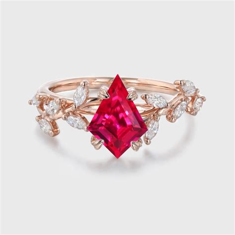 Solid Gold Nature Inspiration Kite Cut Lab Grown Ruby Engagement Ring Leaf Wedding Ring - Oveela ...
