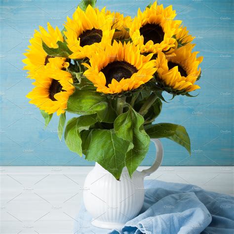 Beautiful sunflowers bouquet in white vase containing sunflower, still life | Food Images ...