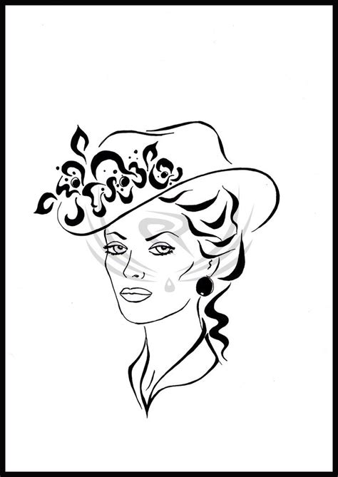 a black and white drawing of a woman wearing a hat