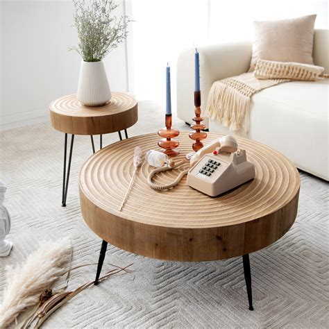 COZAYH 2-Piece Modern Farmhouse Living Room Coffee Table Set, Round Natural Finish with ...