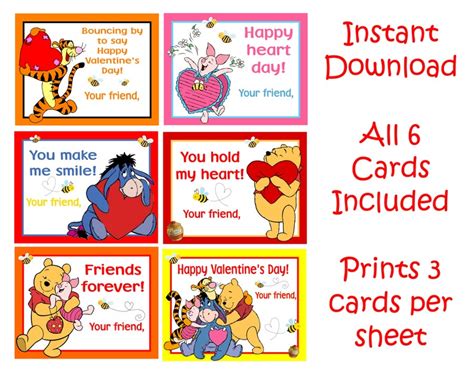 Winne the Pooh Valentine's Day Cards Printable Instant - Etsy