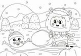 Funny coloring Page With Cute Yeti Character Making Snowman Winter  sketch template