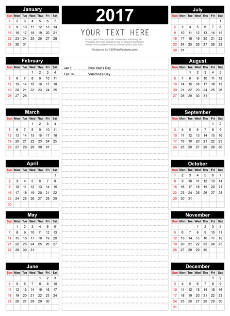 Printable 2017 Calendar Template with Notes by 123freevectors on DeviantArt