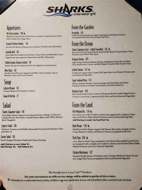 Menu at Sharks Underwater Grill pub & bar, Orlando