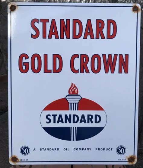 VINTAGE 1957 DATED Standard Gold Crown Gasoline Porcelain Gas Motor Oil Sign $29.99 - PicClick