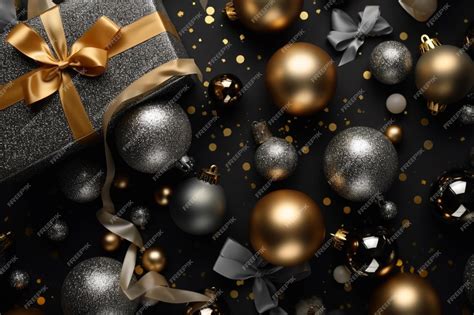 Premium AI Image | A black and gold christmas background with a gift box and a christmas tree.