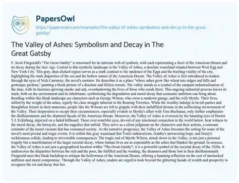 The Valley of Ashes: Symbolism and Decay in The Great Gatsby - Free Essay Example - 537 Words ...