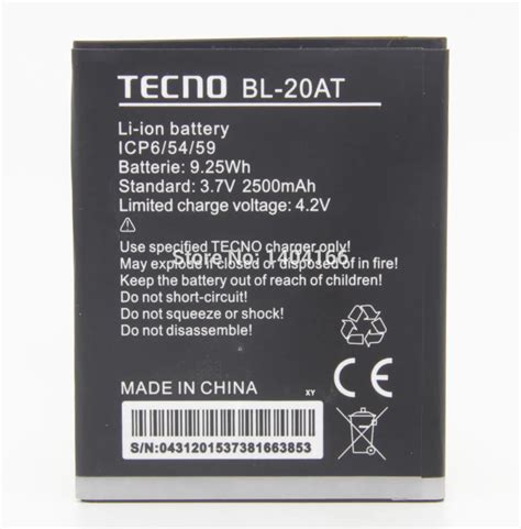 3.7V , 2500mAh , 100% brand new original phone battery for TECNO BL ...