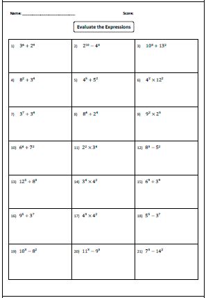 Exponents Worksheets