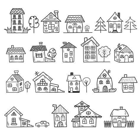 Doodle home set. Hand drawn cute houses of different shapes and types ...