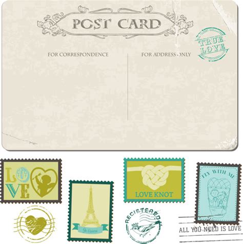 Vintage wedding postcard with postage stamps vector Vectors graphic art designs in editable .ai ...