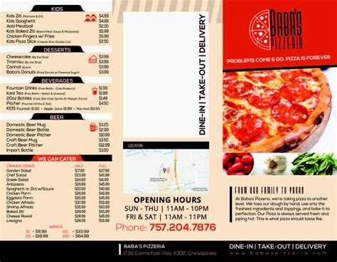 Menu at Baba's Pizzeria, Chesapeake