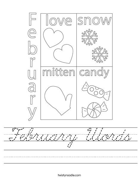 February Words Worksheet - Cursive - Twisty Noodle