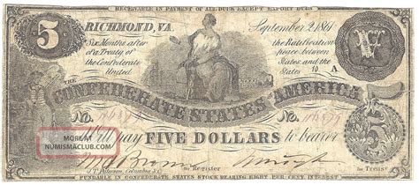 $5 Dollar Confederate Note September 2, 1861 Vg Fr. Cs - 36 Us Currency