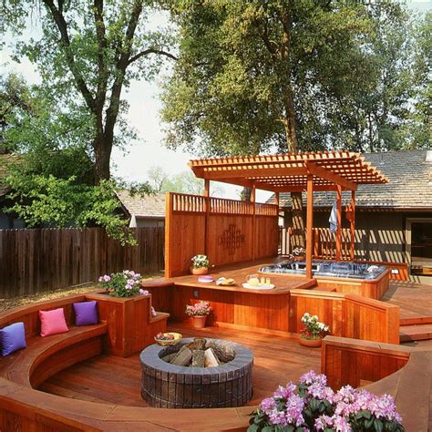 A Redwood Deck with Fire Pit and Built-in Spa | Hot tub backyard, Hot ...