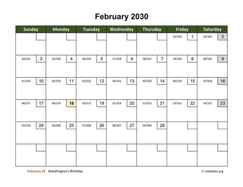 February 2030 Calendar with Day Numbers | WikiDates.org