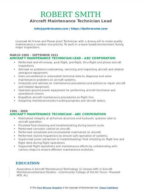 Aircraft Maintenance Technician Resume Samples | QwikResume