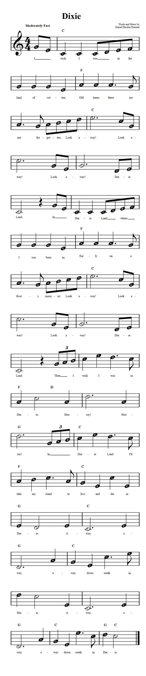 Dixie: Beginner Sheet Music with Chords and Lyrics