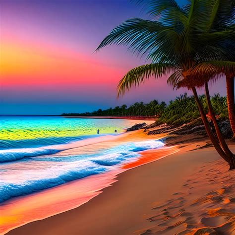 Premium AI Image | HD Serene Beachscape at Sunset with Palm Trees Sunset View of a Serene Beach ...