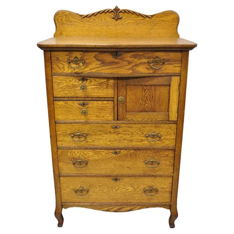 Antique Victorian Oak Wood Tall Chest Dresser Cabinet with Carved Backsplash at 1stDibs ...