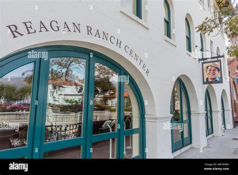 Exterior of the Ronald Reagan Ranch Center with a photograph of Ronald ...