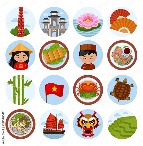 Travel to Vietnam. Set of vector illustrations. Vietnamese architecture, cuisine, costumes ...