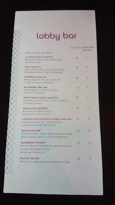 Menu at Lobby Bar, Lincoln