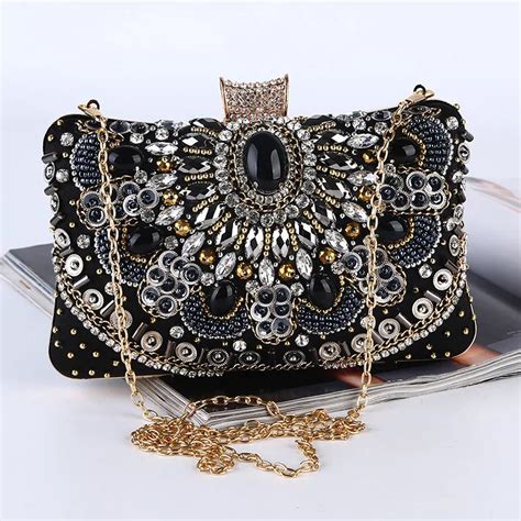 Party Evening Bag Women's PU Crystal Evening Bag Retro Black Clutch Party Bags Wedding ...