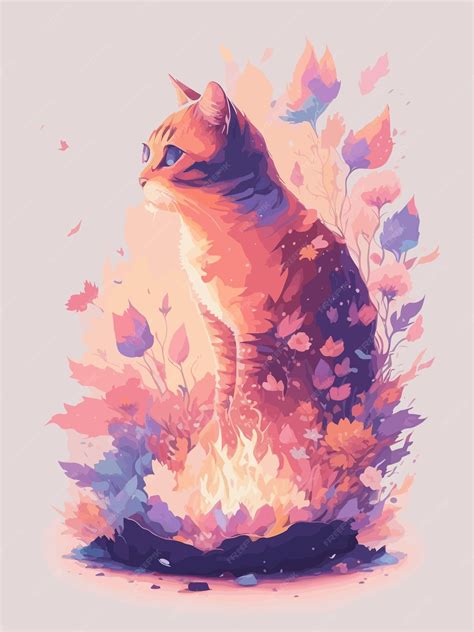 Premium Vector | A cat sitting on a fire with a pink background and the words " cat " on the bottom.