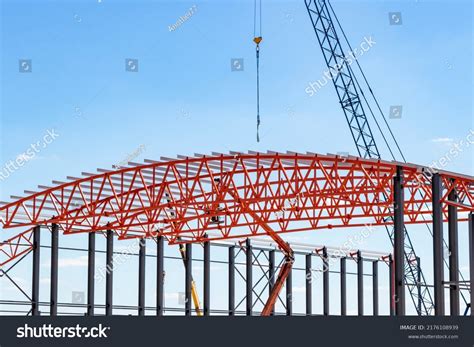 Installation Metal Trusses Frame During Construction Stock Photo ...