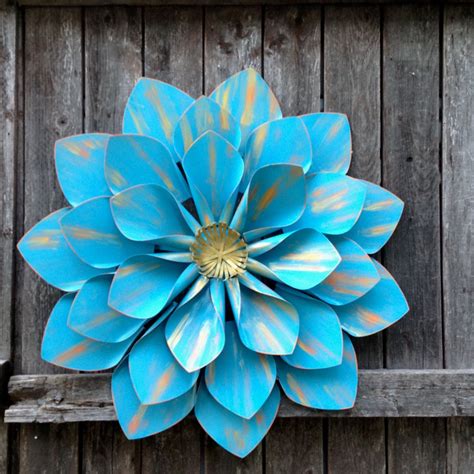 ExLarge Turquoise Blue W/Gold Wall Flower - 22" Large Metal Wall Flower Art - Indoor Outdoor ...