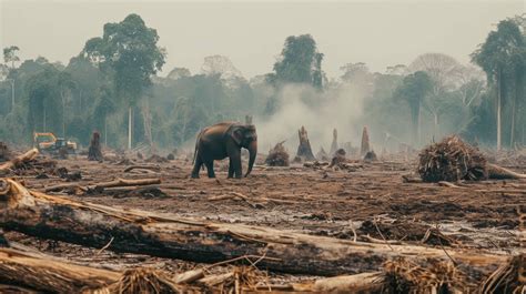 elephant in deforested land, wildlife habitat destruction, elephant and bulldozer, environmental ...