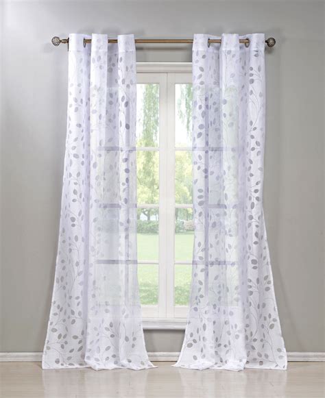 Set of Two (2) White Cotton Blend Sheer Window Curtain Panels: Burnout Leaves and Branch Design ...