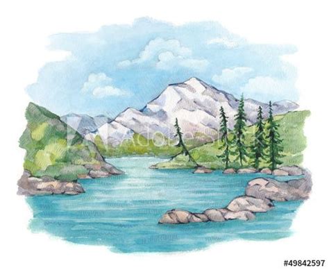 Watercolor illustration of lake and mountains - Buy this stock ...