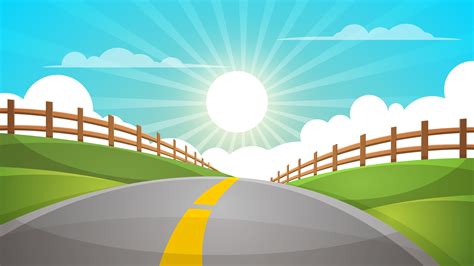 Cartoon hill landscape. Road, travel illustration, fence. 625590 Vector Art at Vecteezy