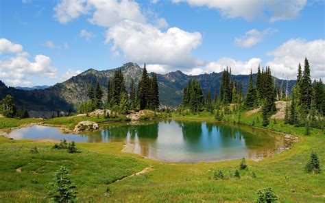 Mountain, lake, grass, trees wallpaper | nature and landscape | Wallpaper Better