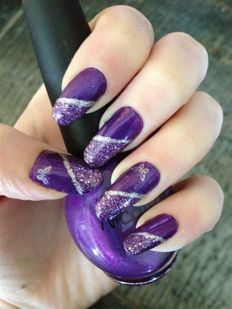 purple glitter side swoop with Konad butterfly | Purple nail art, Purple nails, Grey nail designs