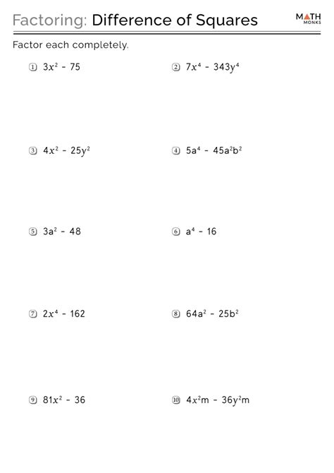 Factor Difference Of Squares Worksheet