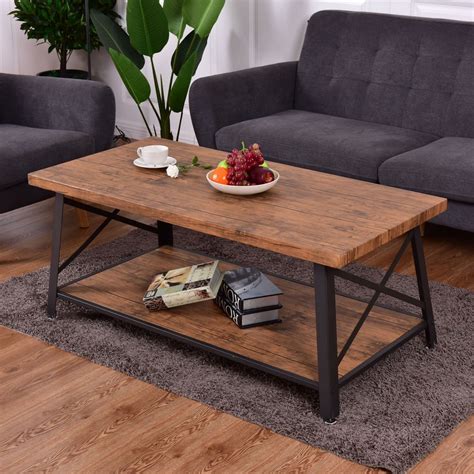 Rectangular Metal Frame Wood Coffee Table with Storage Shelf – By Choice Products