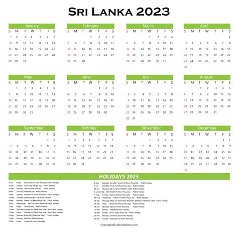 Sri Lanka Calendar 2023 with Holidays - Download in PDF