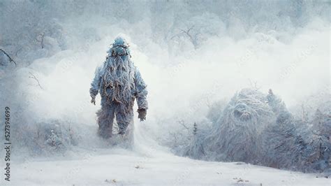 Yeti in the snow covered Himalaya mountains, mysterious furry creature ...