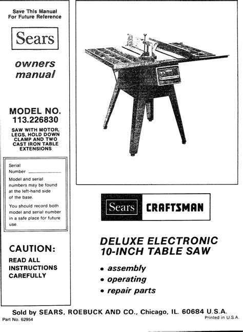 Craftsman 113226830 User Manual 10 INCH TABLE SAW Manuals And Guides ...