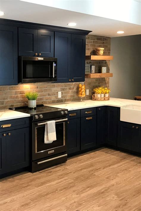 Navy Cabinets with Stainless Black Appliances | Blue kitchen designs, Kitchen inspiration design ...