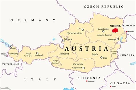 Austria, political map, with the capital Vienna, nine federated states and their capitals. With ...