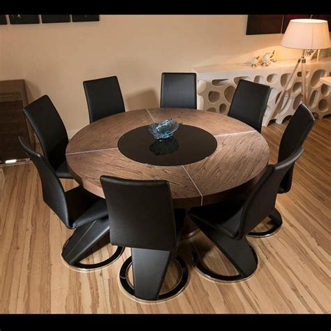 Large Round Elm Wood Dining Table + 8 High Black Faux Leather Chairs | Round dining room, Round ...