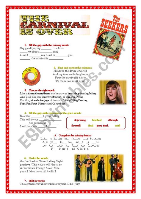 Song: The carnival is over - The Seekers - ESL worksheet by scami