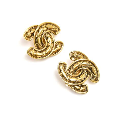 Chanel Vintage Chanel Large Quilted CC Logo Gold Tone Earrings