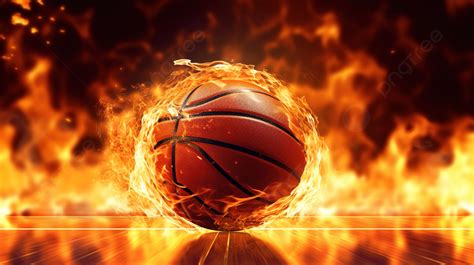 Fiery Basketball Blazing On A 3d Rendered Court Background, Basketball ...